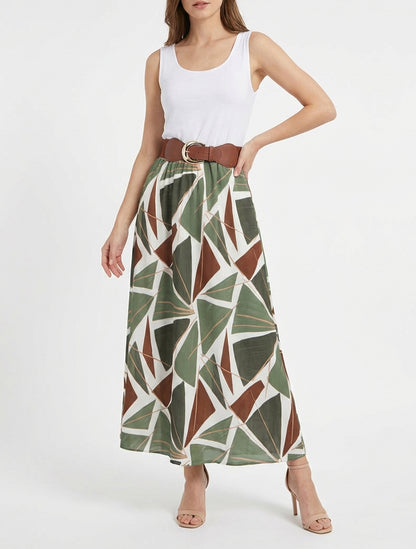 Mouwloze lange jurk met grafische print - Kaki