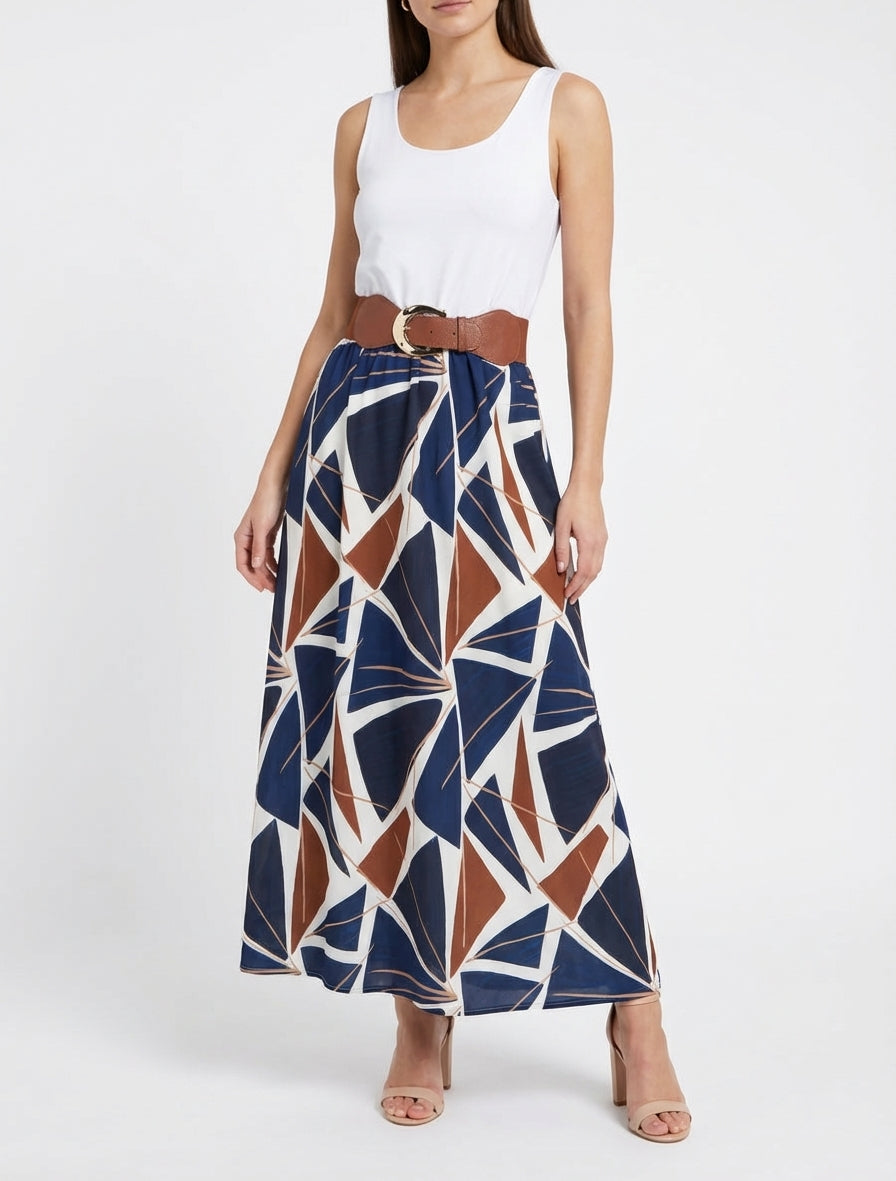 Mouwloze lange jurk met grafische print - Marine