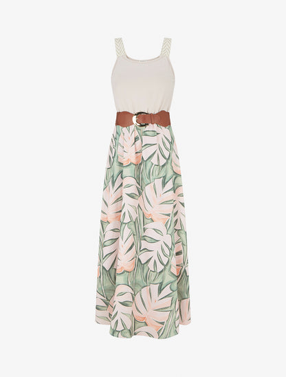 Robe longue imprimé feuillage - Beige - 1