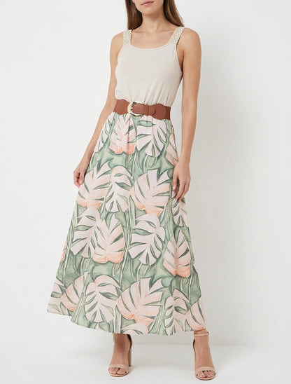 Robe longue imprimé feuillage - Beige
