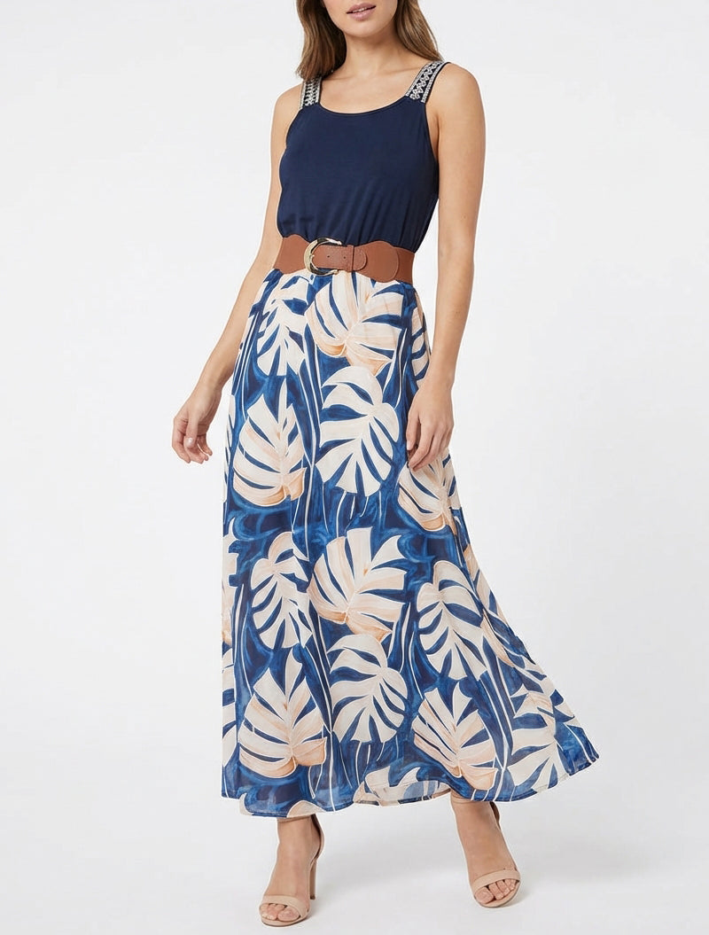 Robe longue imprimé feuillage - Marine