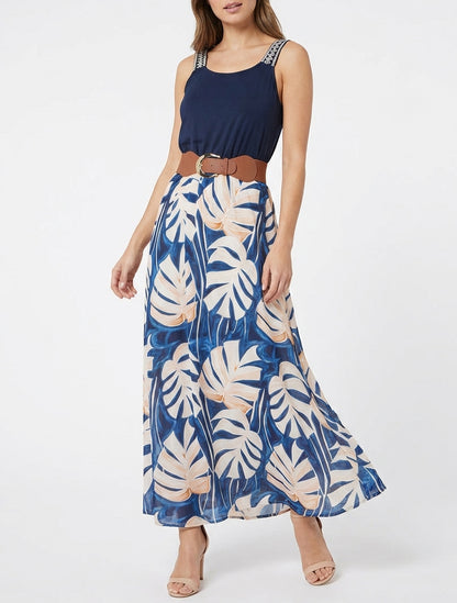 Robe longue imprimé feuillage - Marine