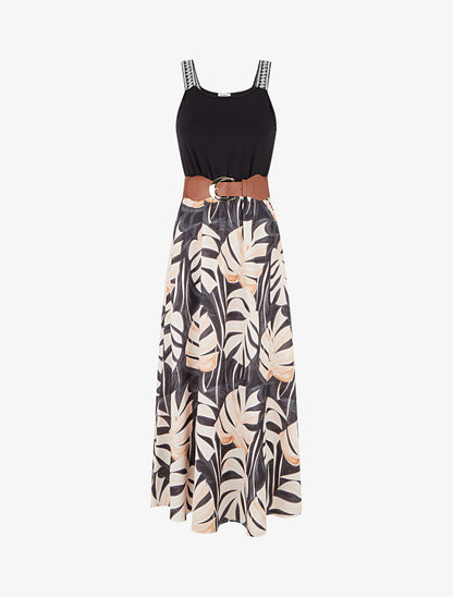 Robe longue imprimé feuillage - Noir - 1