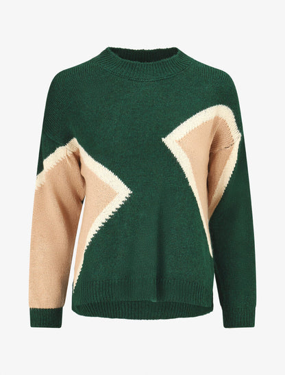 Pull imprimé géométrique et col rond - Vert sapin - 1