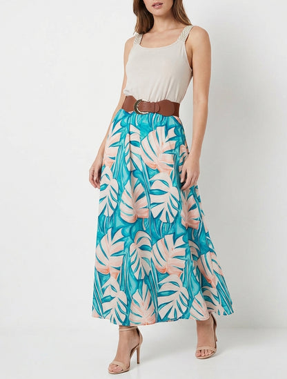 Robe longue imprimé feuillage - Bleu canard