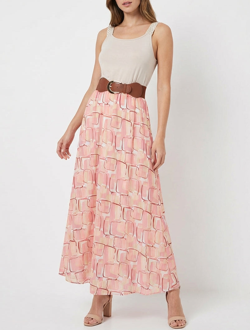 Robe longue imprimé graphique - Rose saumon