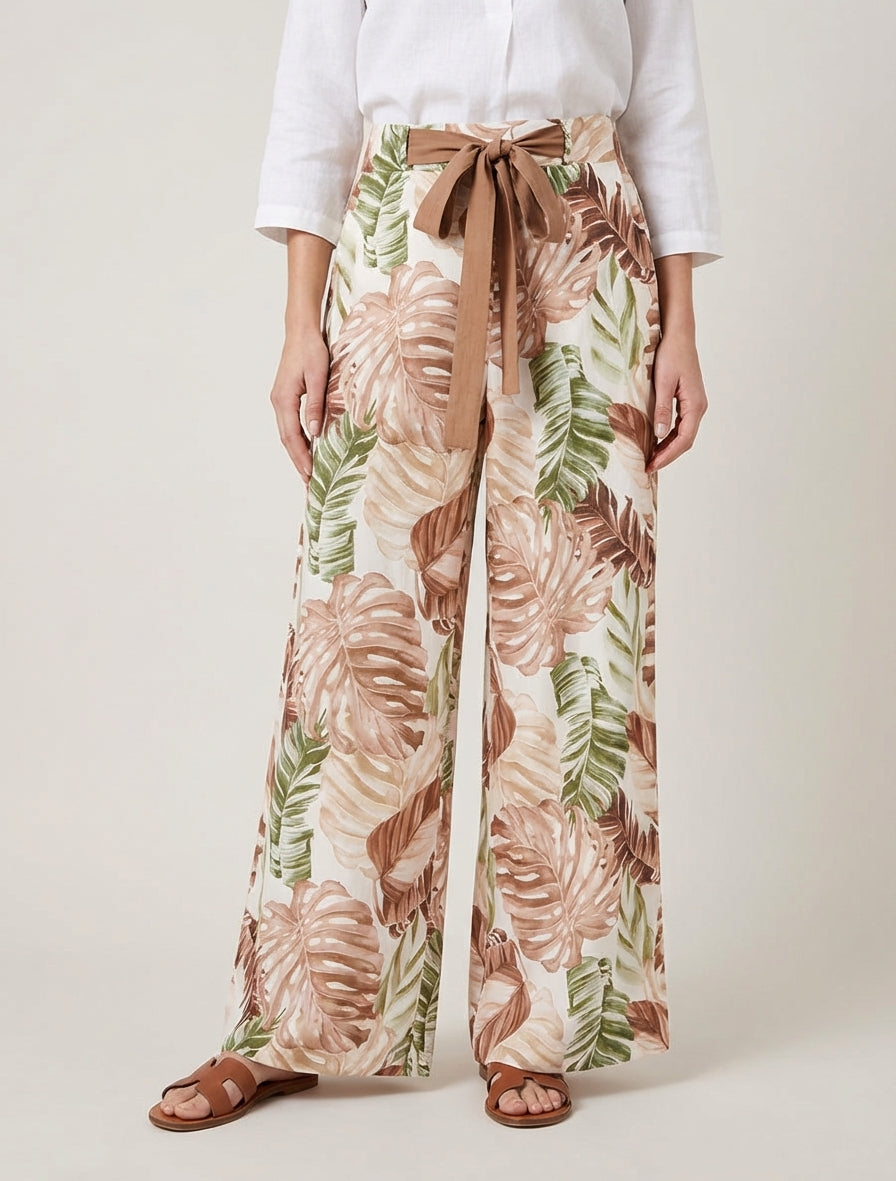 Wijde broek met tropische print - Bruin