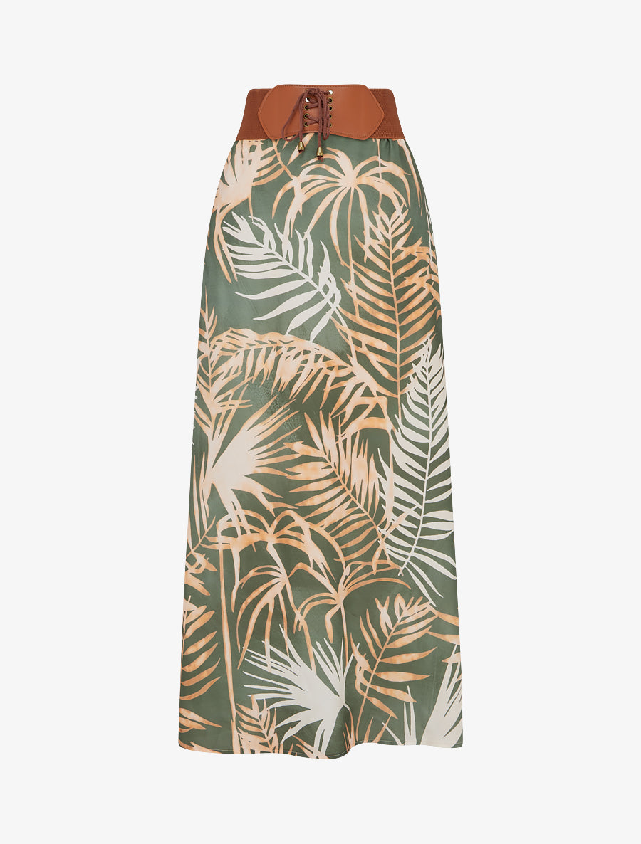 Jupe longue imprimé feuillage - Kaki - 1