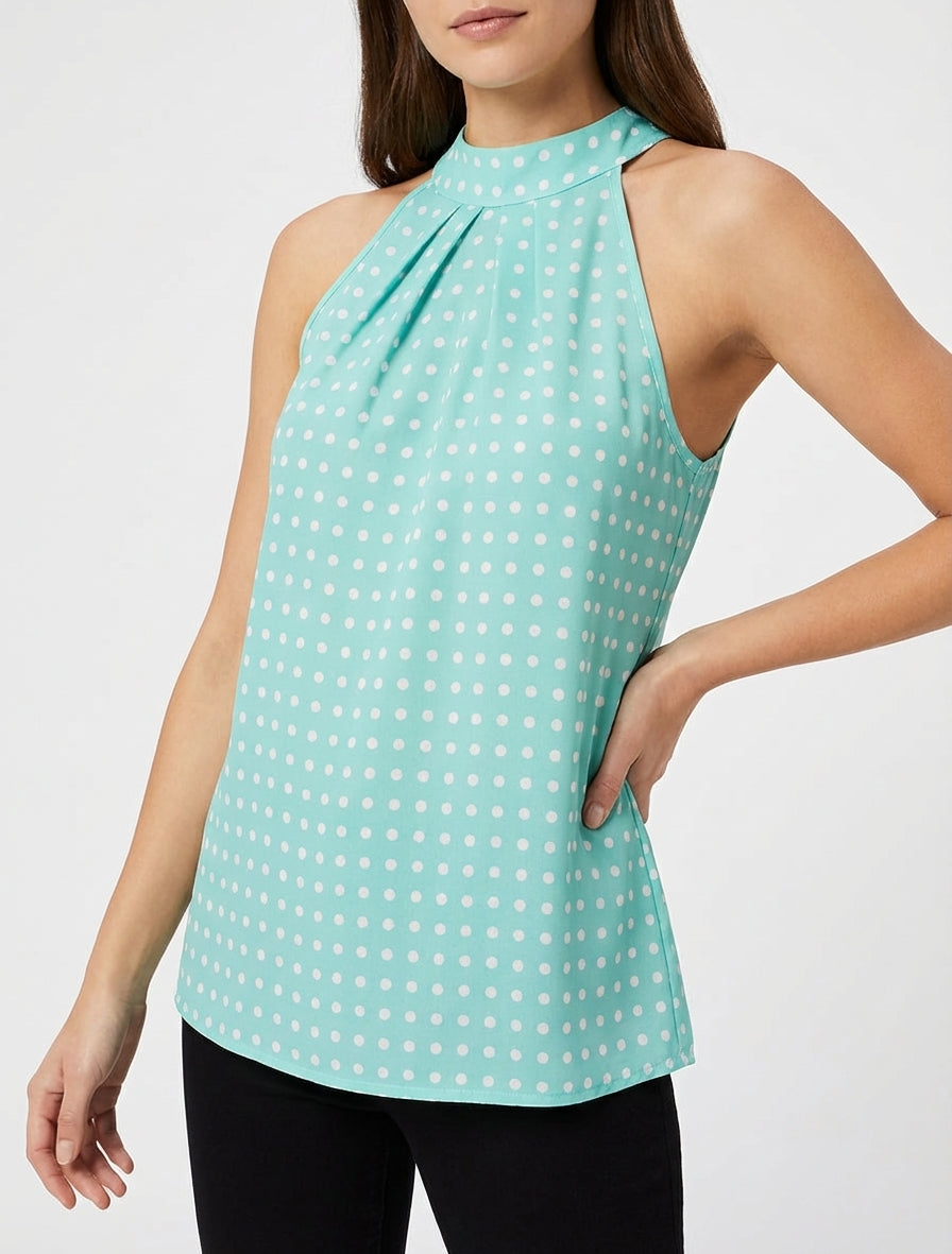 Mouwloze top met stippenprint - Watergroen