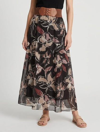 Lange rok met bloemenprint en iriserende strepen - Zwart