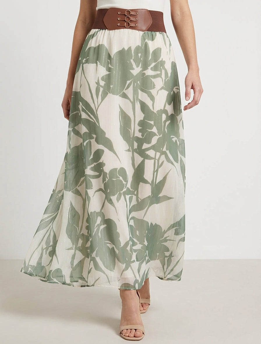 Jupe longue imprimé floral à rayures irisées - Kaki