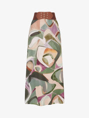 Jupe longue imprimé abstrait à taille fantaisie - Kaki - 1