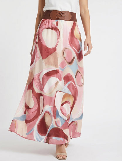 Lange rok met abstracte print en fantasietaille. - Roos