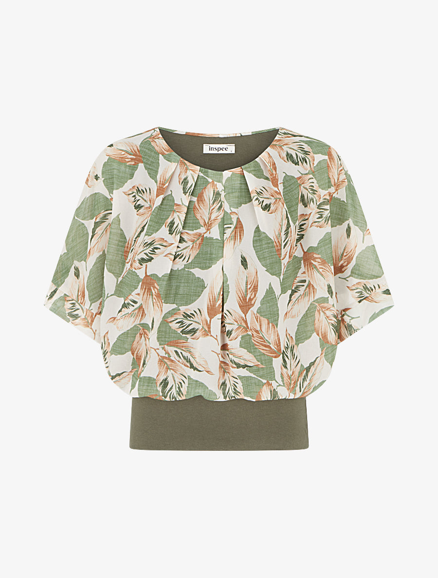 Top imprimé feuillage à manches courtes - Kaki - 1