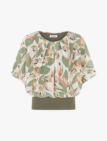 Top imprimé feuillage à manches courtes - Kaki - 1
