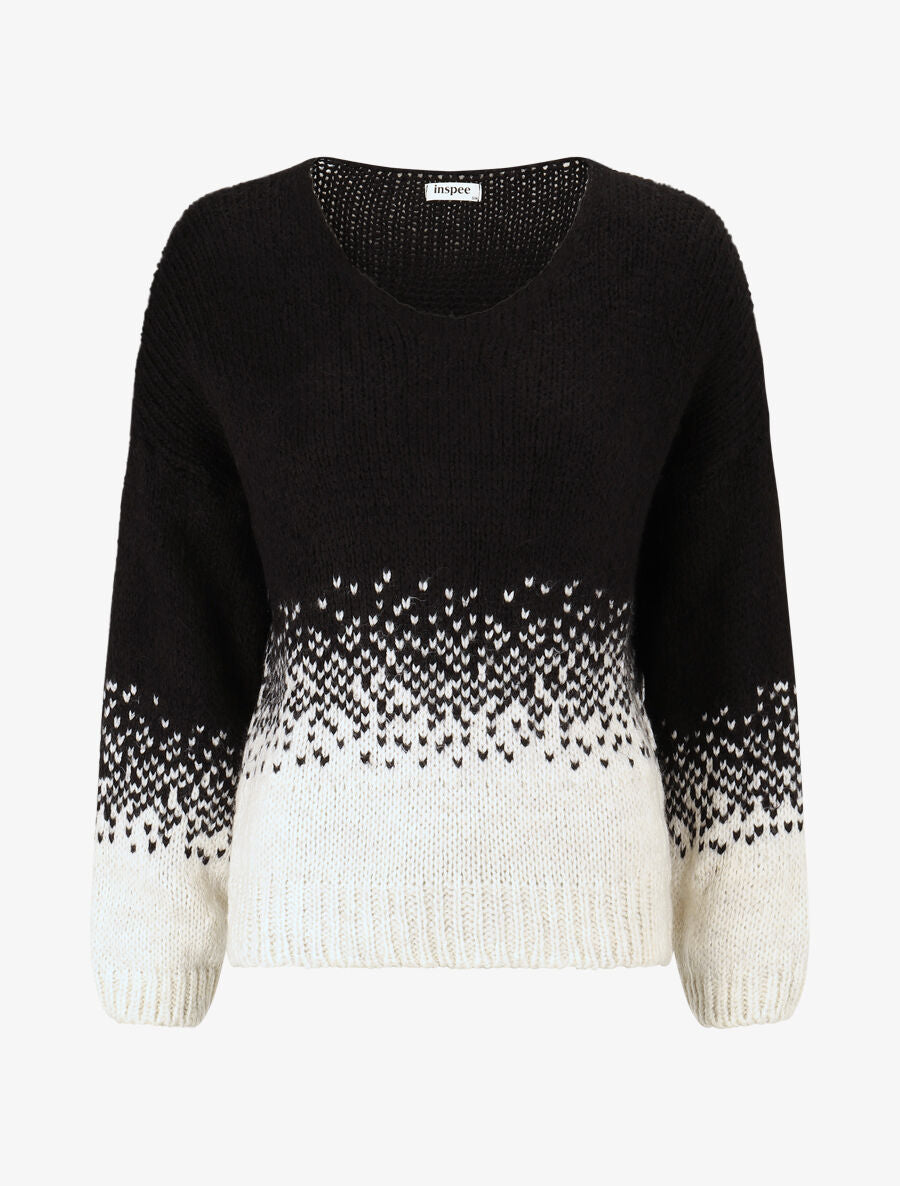 Pull en maille bicolore - Noir - 1