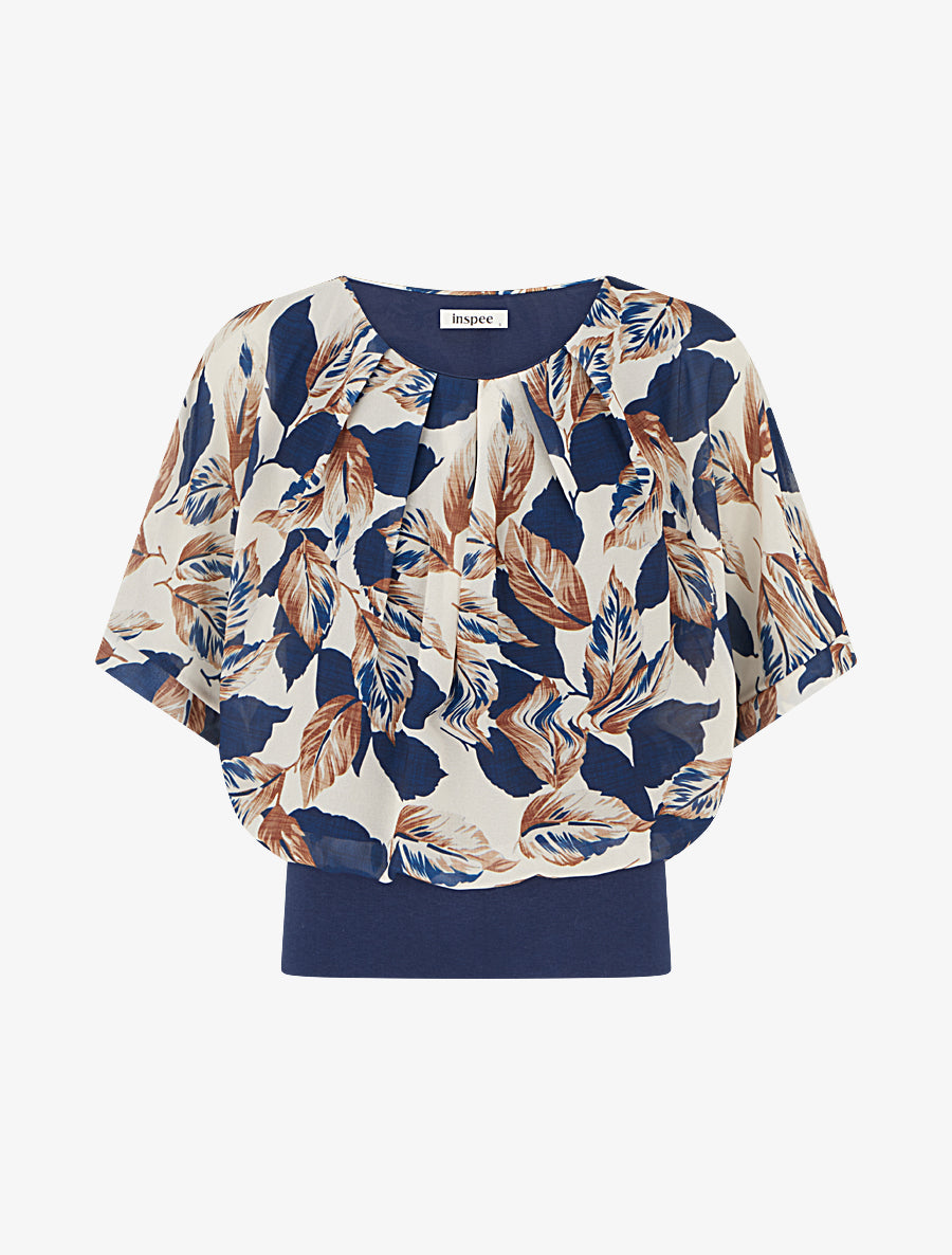 Top imprimé feuillage à manches courtes - Marine - 1