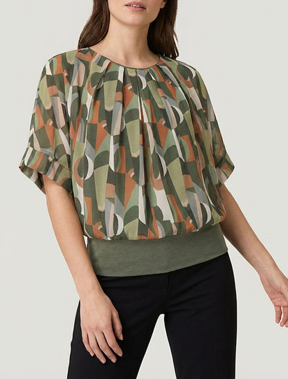 Fantasieprint top met korte mouwen - Kaki