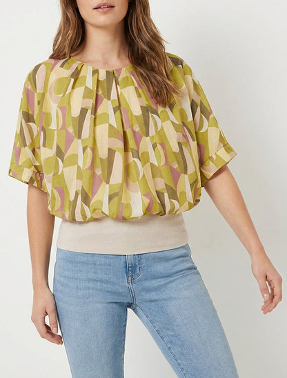 Fantasieprint top met korte mouwen - Olijfgroen