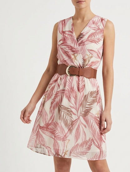 Robe imprimé feuillage à rayures irisés - Vieux rose