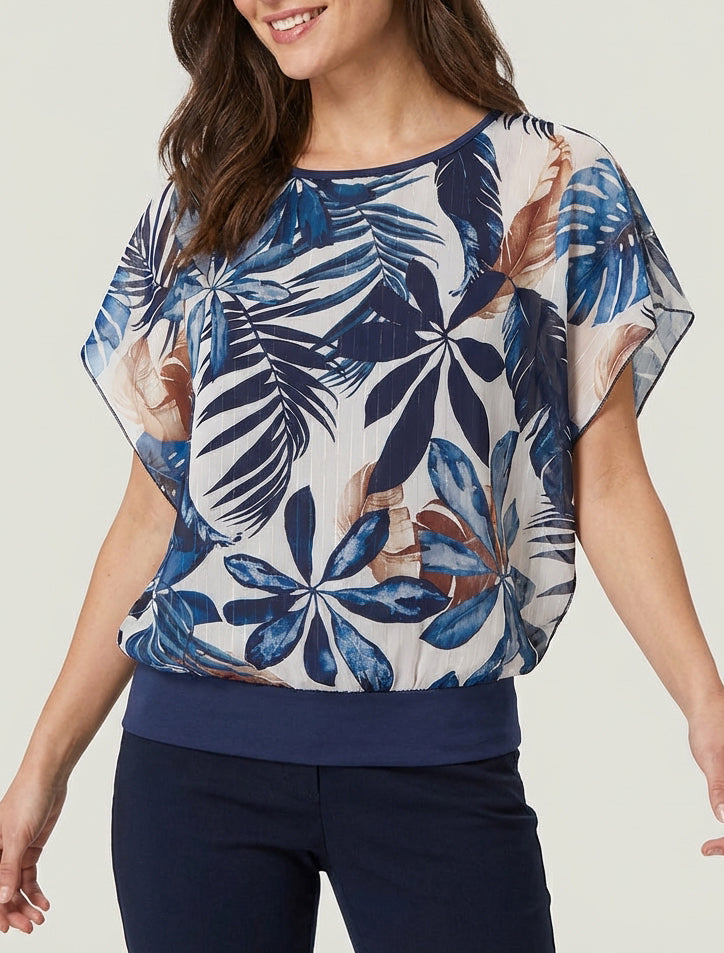 Top boule manches courtes imprimé tropical - Marine