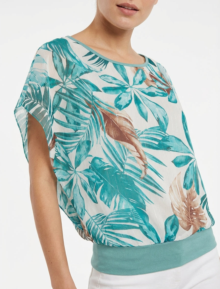 Top boule manches courtes imprimé tropical - Turquoise