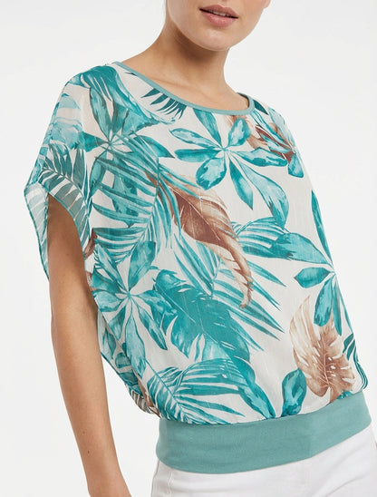 Top boule manches courtes imprimé tropical - Turquoise