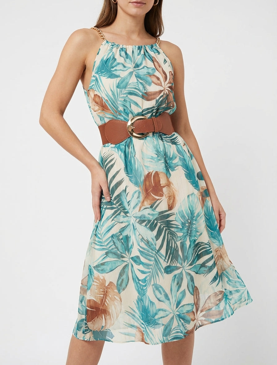 Robe à bretelles chaînes imprimé tropical - Turquoise