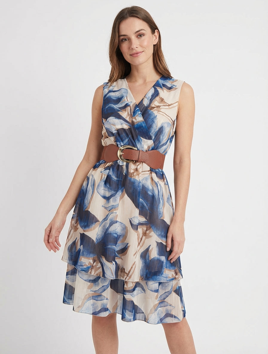 Robe patineuse sans manches imprimé grandes fleurs - Marine