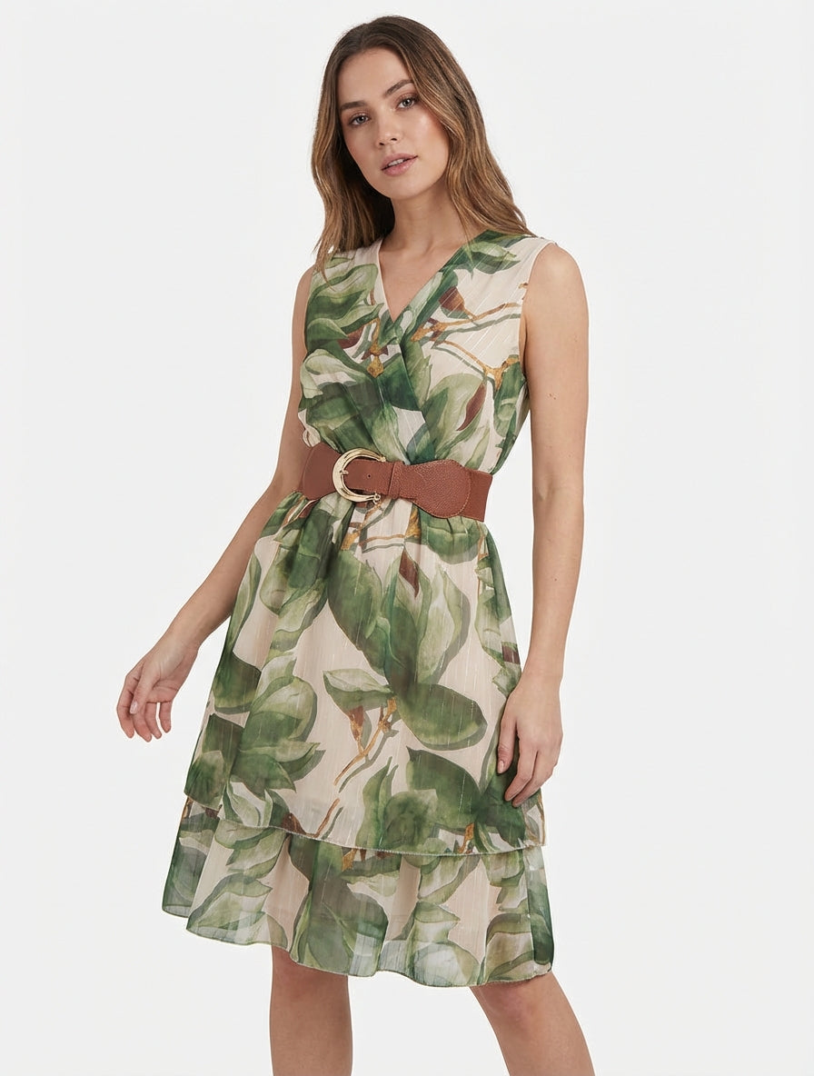 Mouwloze skaterjurk met grote bloemenprint - Kaki