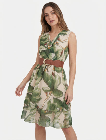 Mouwloze skaterjurk met grote bloemenprint - Kaki