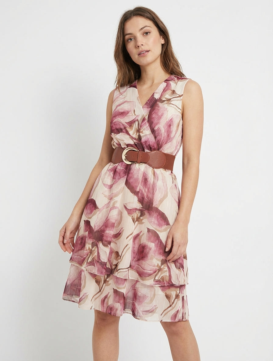 Robe patineuse sans manches imprimé grandes fleurs - Vieux rose
