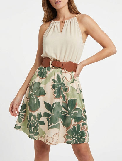 Robe à bretelles chaînes imprimé grandes fleurs - Kaki