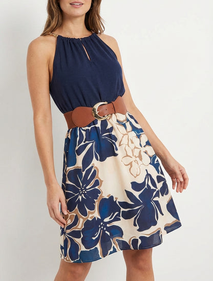 Robe à bretelles chaînes imprimé grandes fleurs - Marine