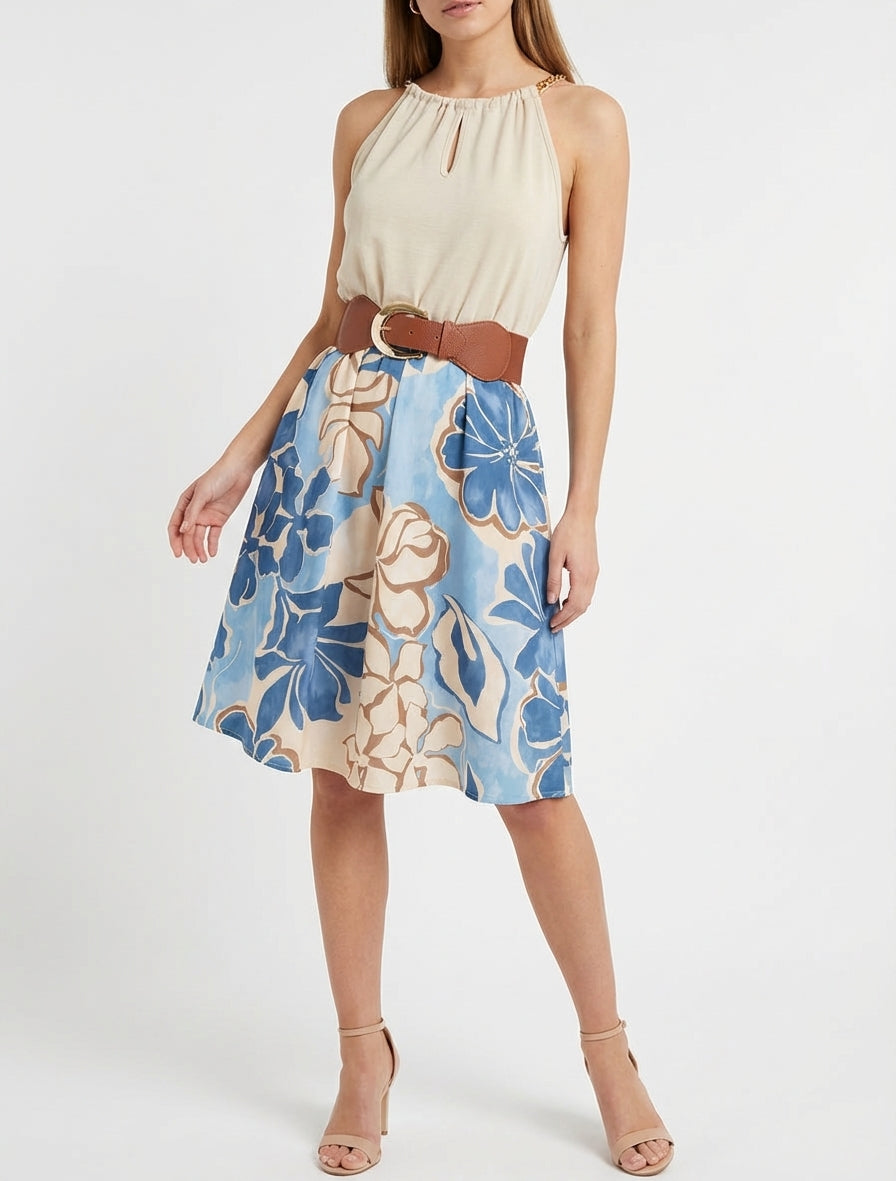 Robe à bretelles chaînes imprimé grandes fleurs - Bleu clair