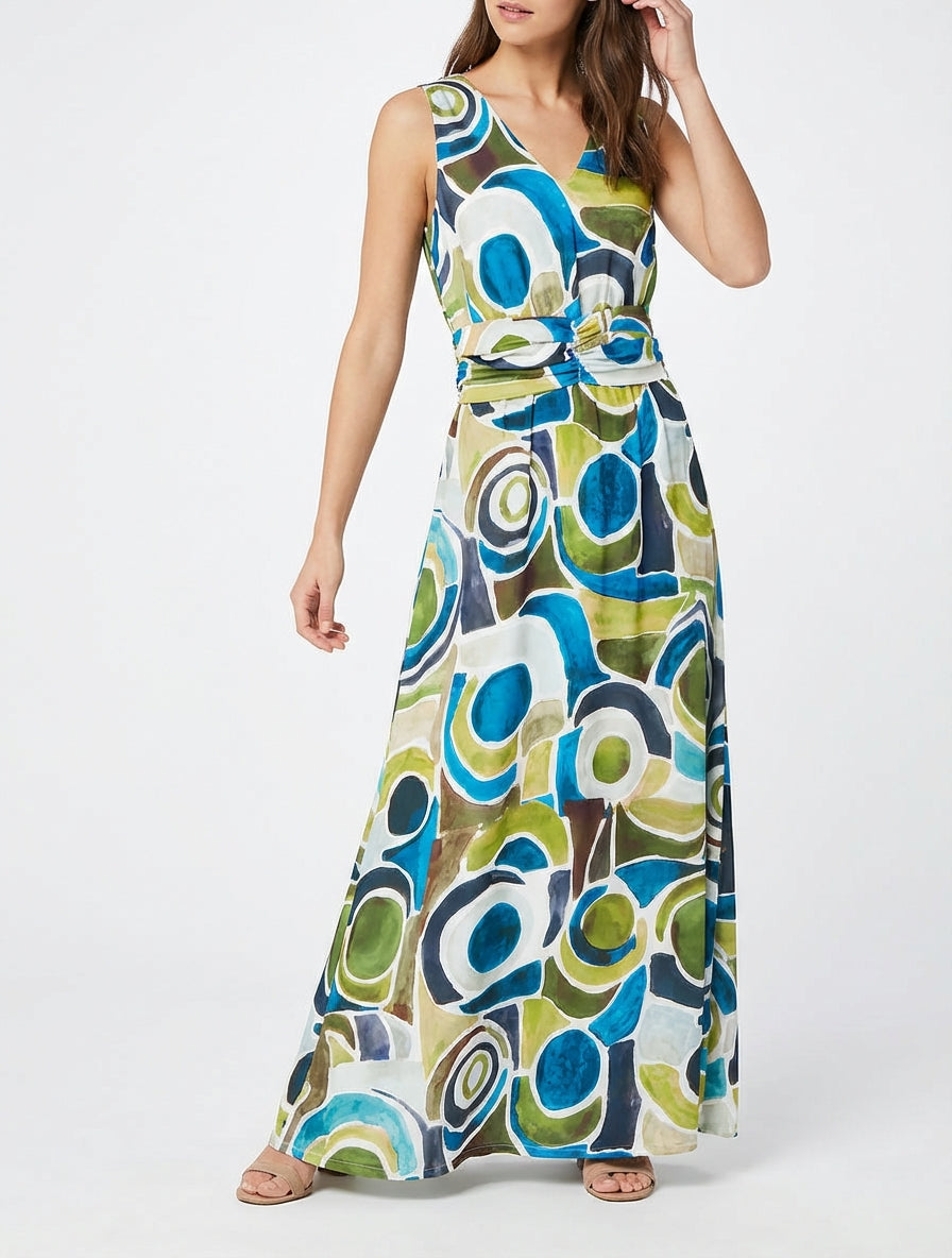 Jurk met abstracte print en elastische taille - Eendenblauw