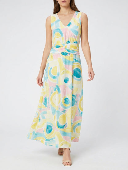 Jurk met abstracte print en elastische taille - Geel