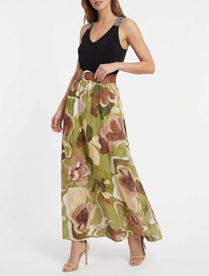 Lange jurk met fantasieprint - Olijfgroen