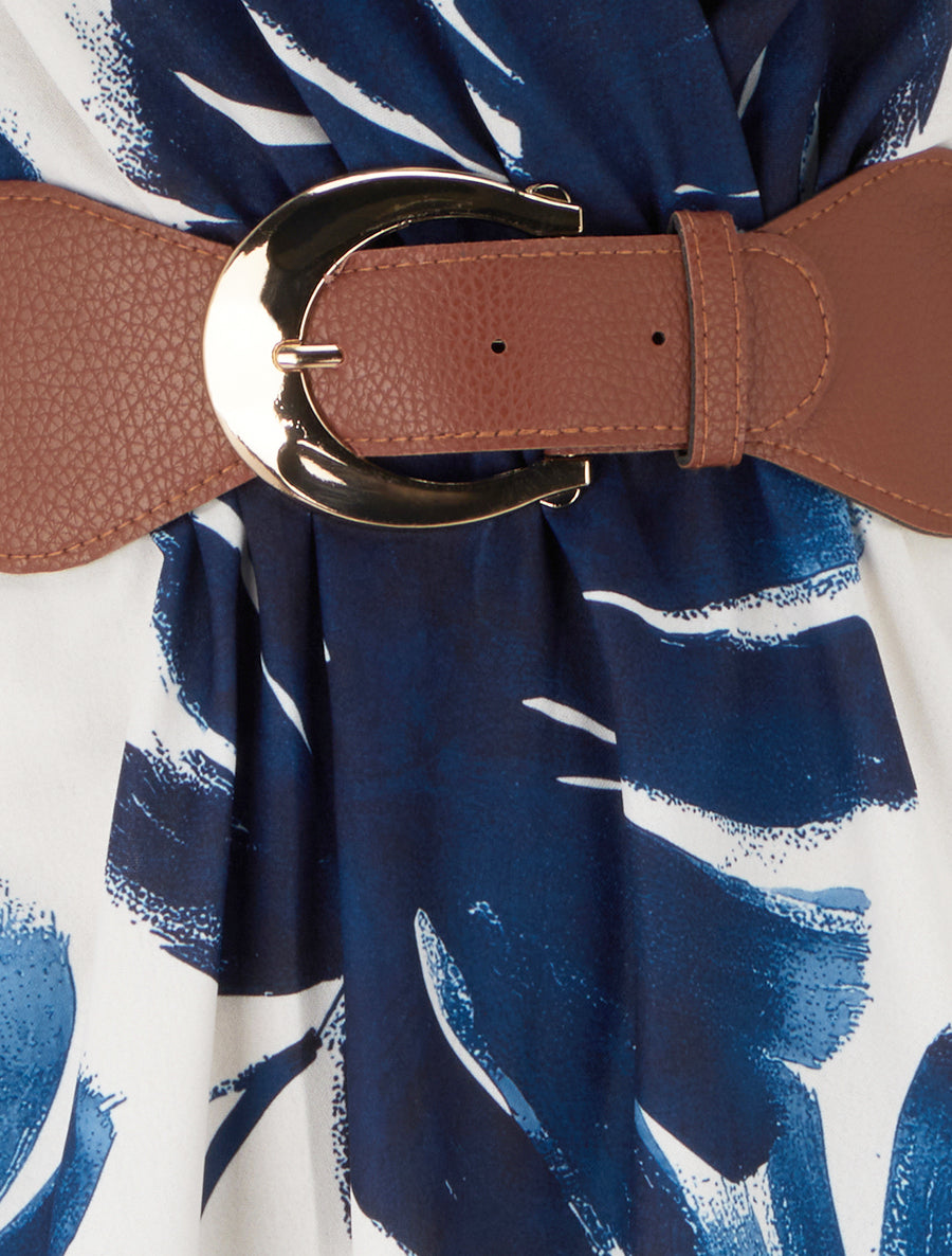 Robe longue manches courtes imprimé feuillage - Marine - 3