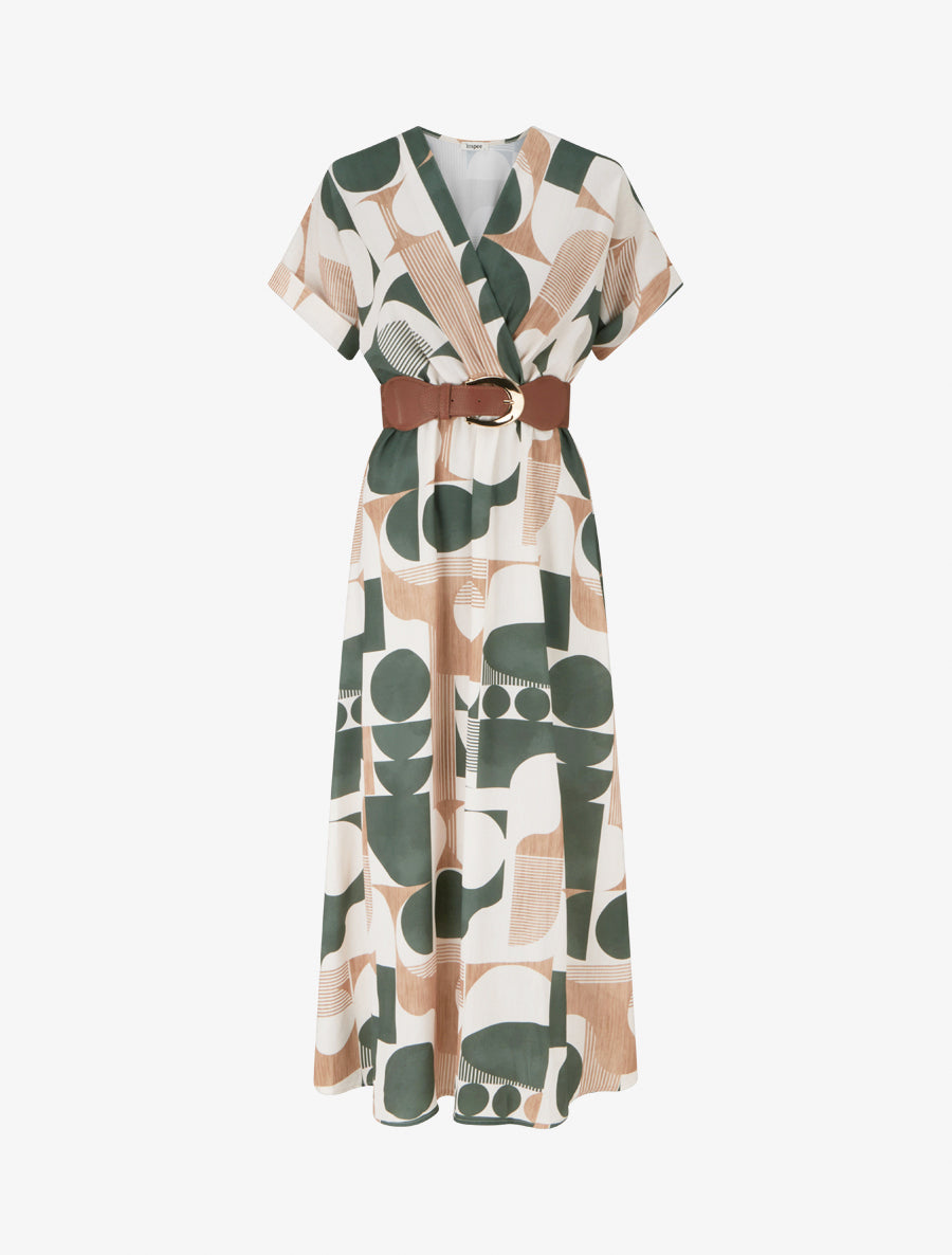 Robe longue manches courtes imprimé graphique - Kaki - 1