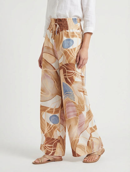 Abstracte printbroek met elastische tailleband - Kameel