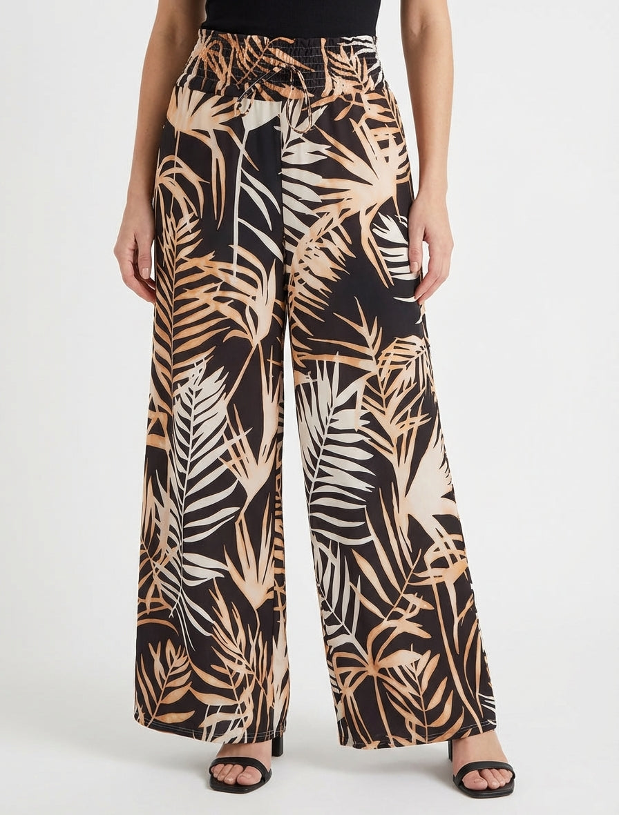 Pantalon imprimé feuillage à taille élastiquée - Noir