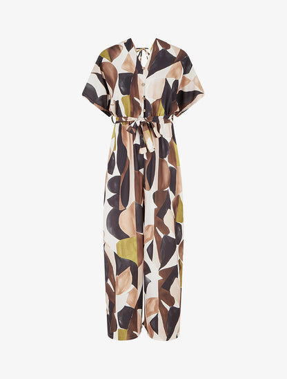 Combinaison imprimé abstrait à taille élastiquée - Noir - 1