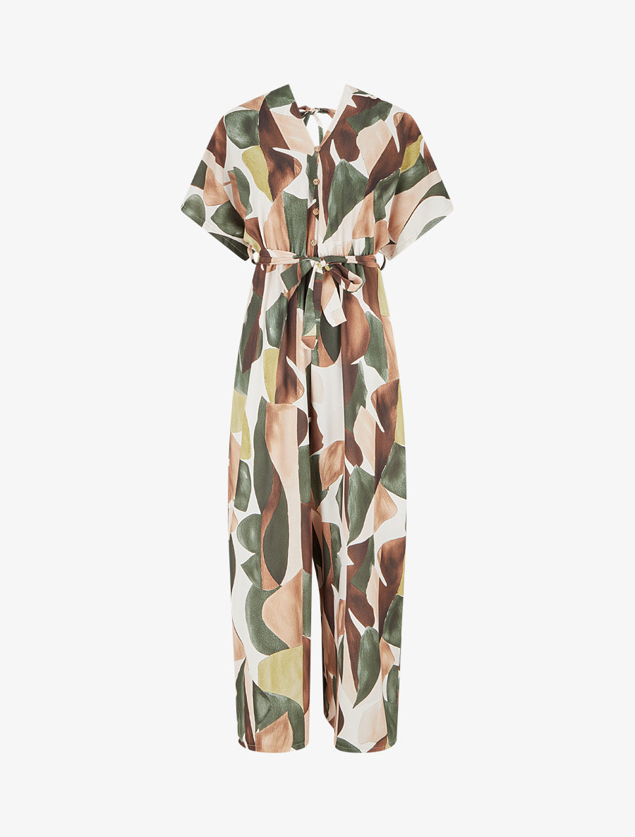 Combinaison imprimé abstrait à taille élastiquée - Kaki - 1