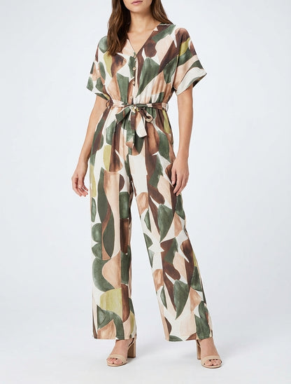 Abstracte print jumpsuit met elastische taille. - Kaki