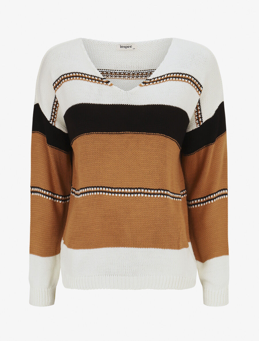 Pull en maille à rayures stylisées - Blanc - 1