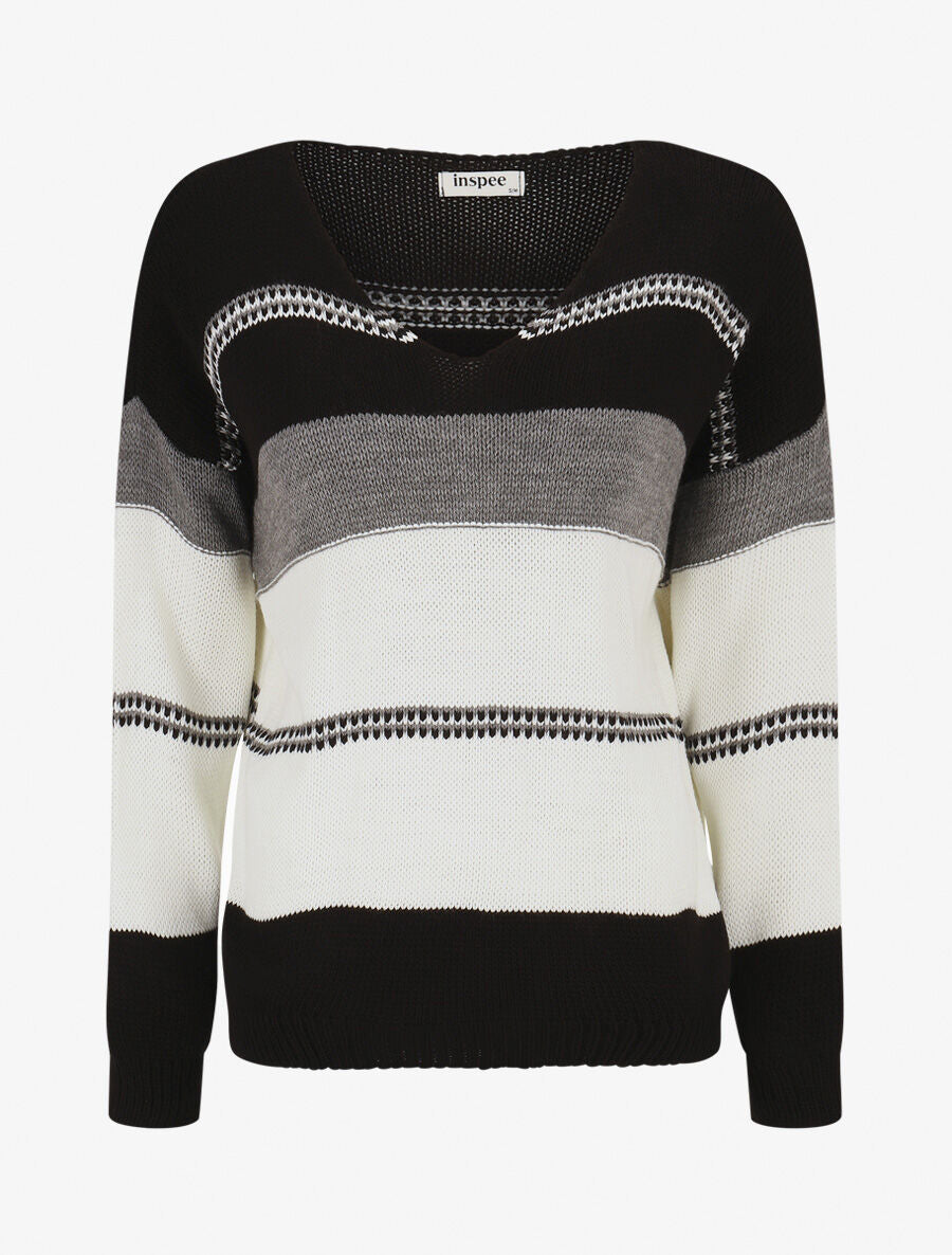 Pull en maille à rayures stylisées - Noir - 1