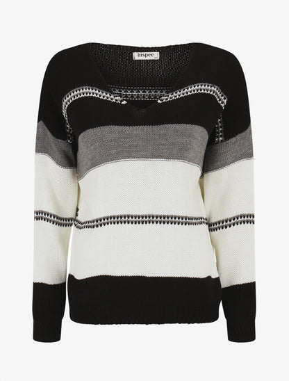 Pull en maille à rayures stylisées - Noir - 1