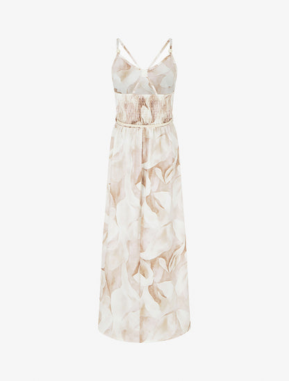 Robe longue imprimé floral à taille élastiquée - Beige