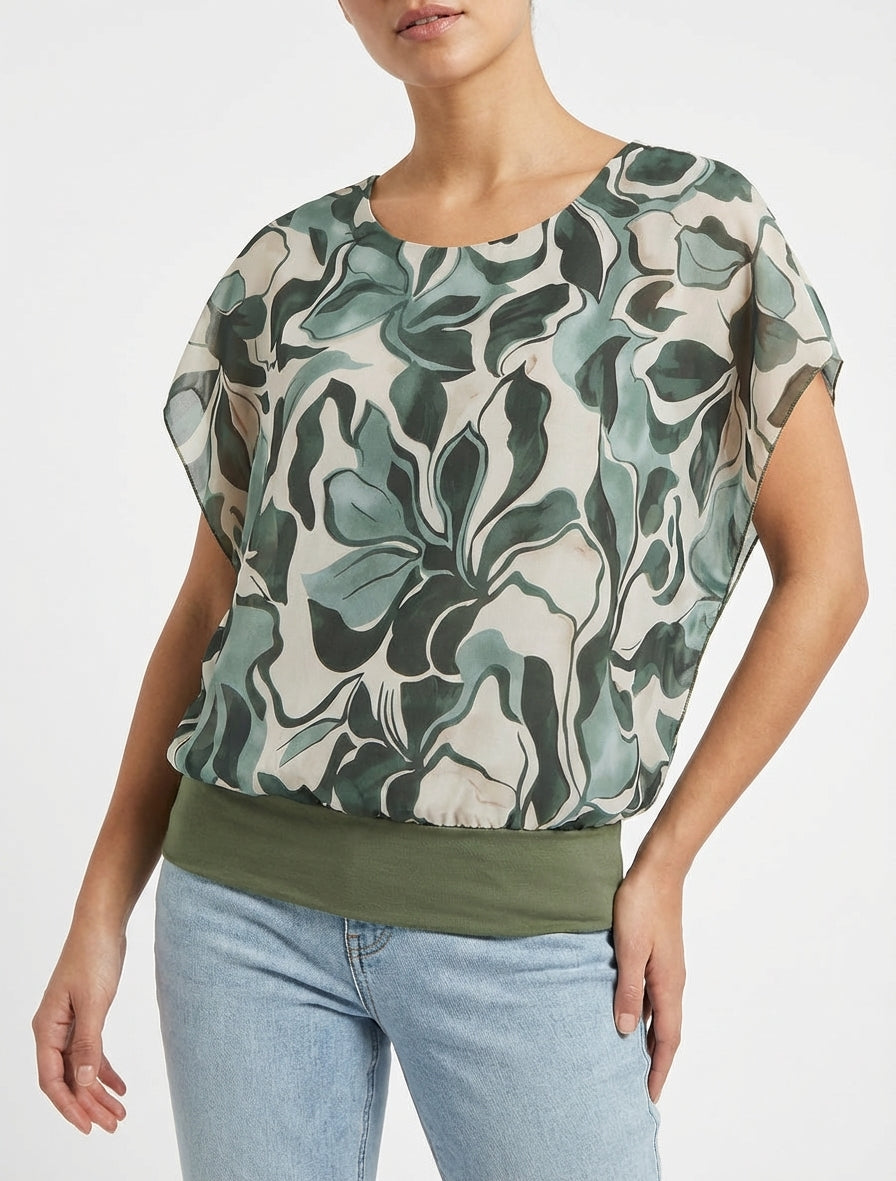 Top droit manches courtes imprimé floral - Kaki